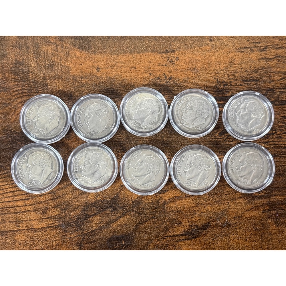 10 Piece Lot 90% Silver Roosevelt Dimes 1946-1964 Vintage US Coins in Capsules